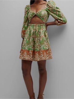 Green and Tan Paisley Cutout Mini Dress with Puff Sleeves